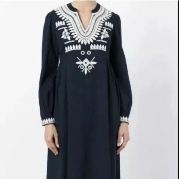 Tory Burch Keegan Embroidered Caftan Dress Navy Sea Size 4 nwt